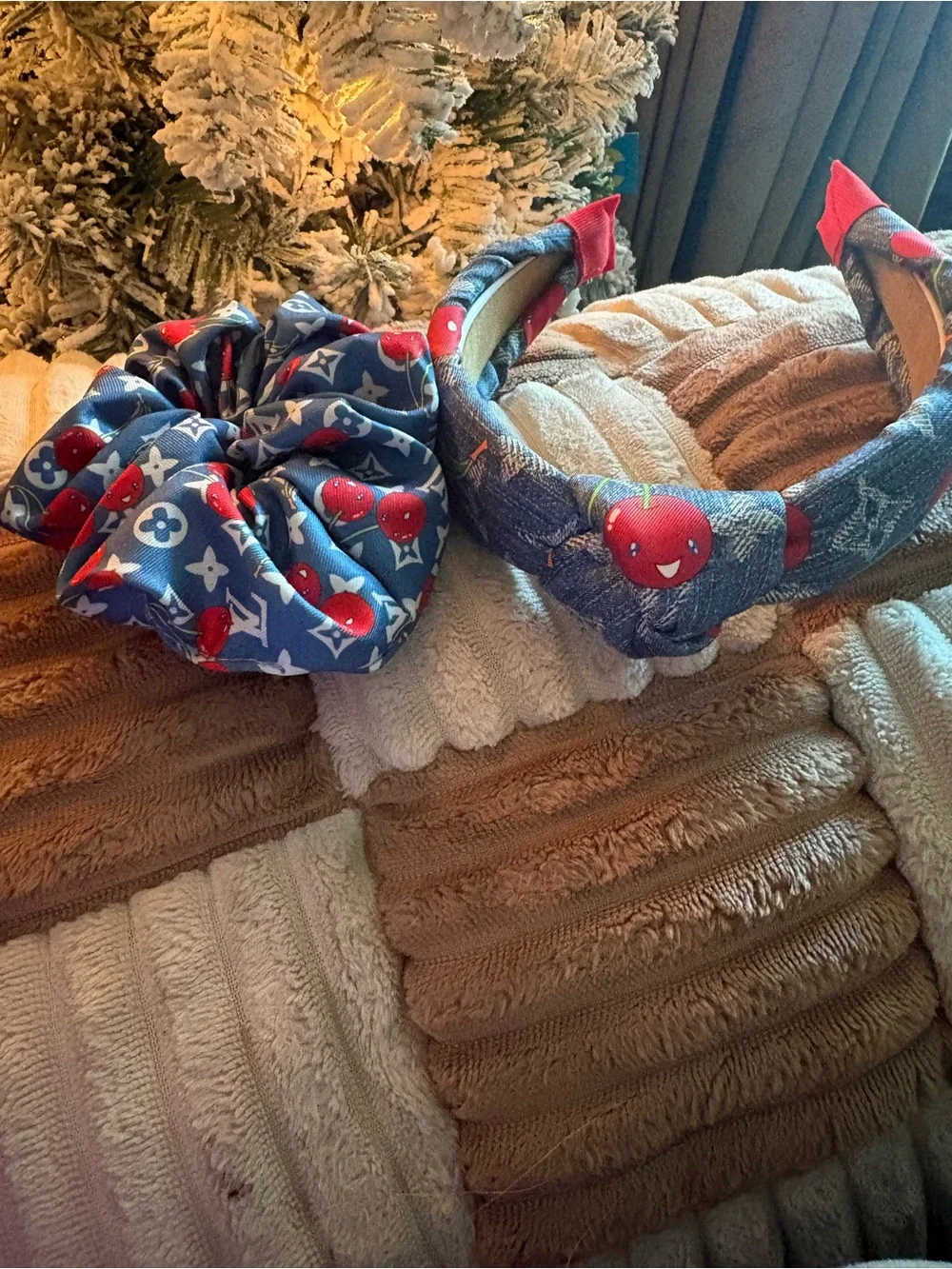 Fashion Blue Cherry Print Kids Headband & Scrunchie Set